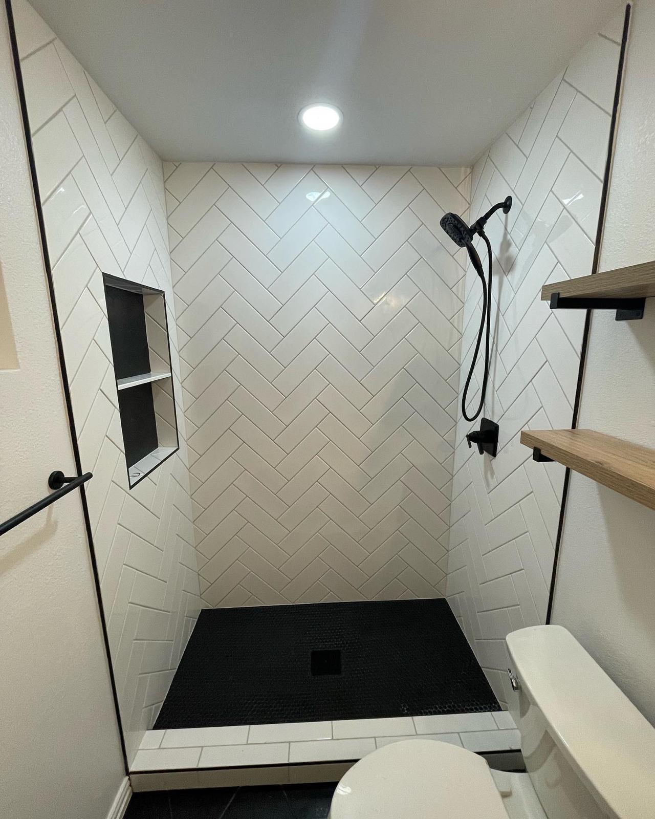 Completed tub-to-shower and walk-in shower project view 17