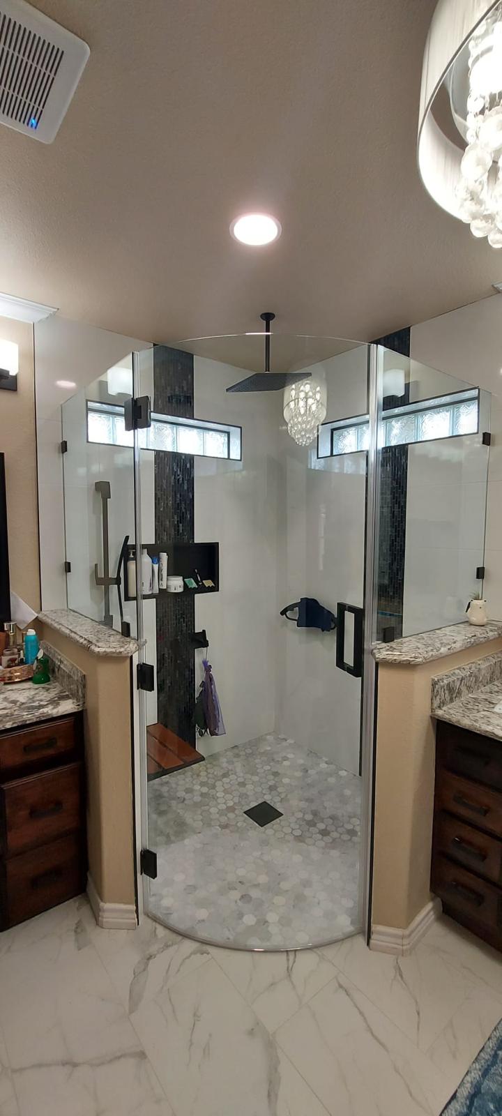 Completed tub-to-shower and walk-in shower project view 18